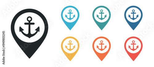 Anchor boat ship map icons with colorful navigation symbols and maritime location markers