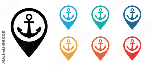 Anchor boat ship map icons in multicolored style showing nautical navigation symbols and marine location markers, maritime transport illustration for travel routes, sea adventure, and navigation desig