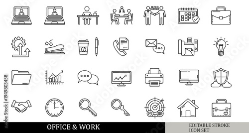black and white office and workplace icon set, laptop, office desk, meeting, teamwork, briefcase, work schedule, productivity icons, outline vector icons, isolated on white background, simple line sty