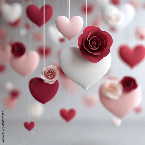 3D Red & White Hearts with Pink Roses – Romantic Valentine Decor for Wedding, Love & Cards