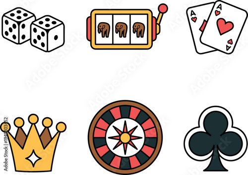 Casino gambling vector icon set, betting elements including dice, slot machine, playing cards, roulette, and crown