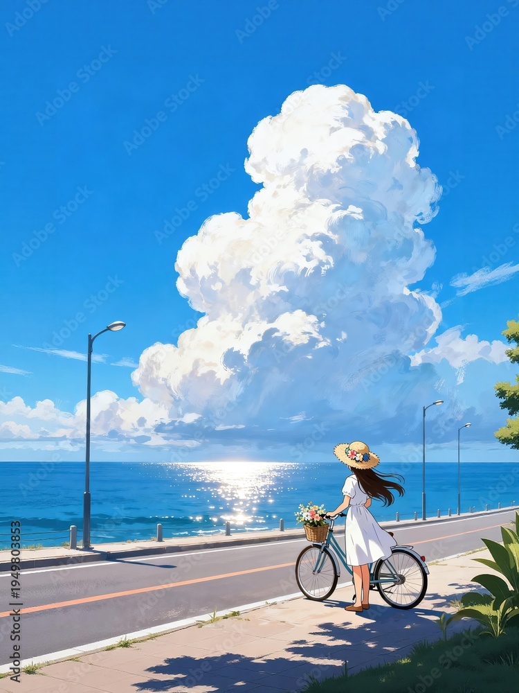 Fototapeta premium A woman in a white dress and straw hat rides a bicycle along a coastal road under a large cumulus cloud.
