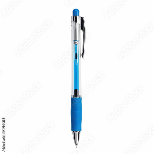 Blue gel pen with ergonomic roller grip isolated on white background, featuring a sleek design and retractable tip