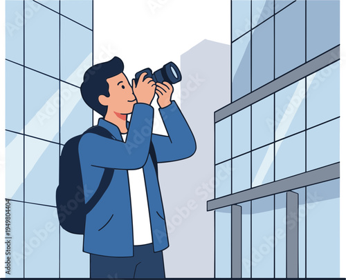 A man takes photos of a modern building with a camera.