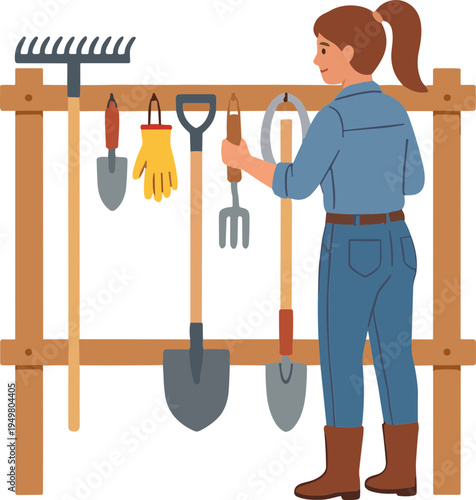 A woman hangs gardening tools on a rack in her outdoor workshop shed.