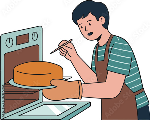 Man in apron carefully places cake into hot oven with gloves