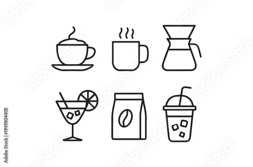 Weba collection of black line icons featuring coffee and cocktail related items on a white background, useful for beverage or restaurant concepts
