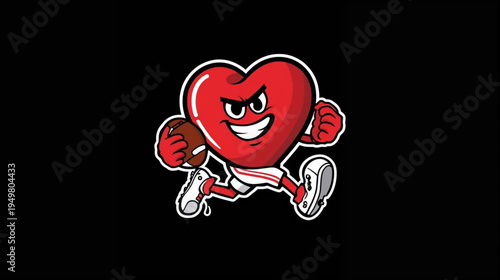 A cartoon heart character wearing a american football uniform and cleats, holding a american football vector illustration