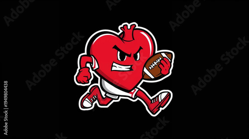 A cartoon heart character wearing a american football uniform and cleats, holding a american football vector illustration
