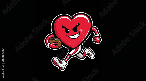 A cartoon heart character wearing a american football uniform and cleats, holding a american football vector illustration