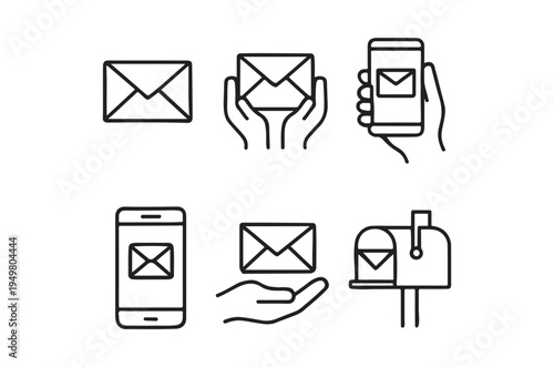 WebA set of icons representing email, messaging, and communication concepts, including hands holding envelopes, smartphones with emails, and a mailbox.