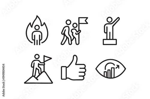 WebA set of line icons representing business success, motivation, and achievement, including a thumbs up, a person on a podium, and a flag, useful for marketing, advertising, and educational materials