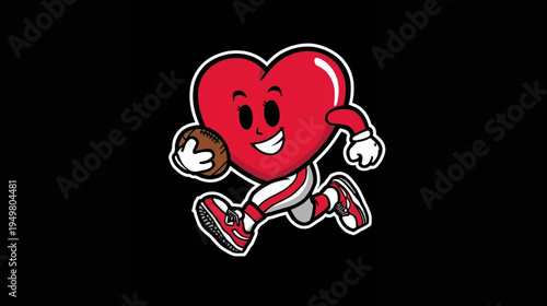 A cartoon heart character wearing a american football uniform and cleats, holding a american football vector illustration