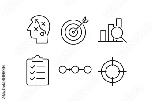 WebA set of line icons representing business strategy and goals, including targets, charts, and planning tools, useful for marketing, advertising, and educational materials.