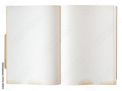 Open blank notebook with aged pages top view isolated on white