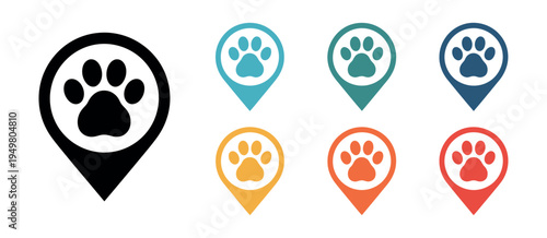 Animal paw location icon vector for website design and application development, pet map marker symbol in flat style illustration isolated for navigation interface and digital service concept