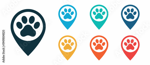 Animal paw location marker icon vector for website design and application development, pet tracking navigation symbol in flat style illustration for digital interface and map services