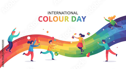 A vibrant illustration of people celebrating International Colour Day with a colorful rainbow wave on a white background, conveying a joyful and creative mood with bright colors and dynamic