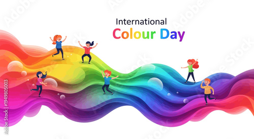 A vibrant illustration celebrating International Colour Day with people dancing on a wavy rainbow-colored background, conveying a joyful and colorful mood with artistic splashes of color.