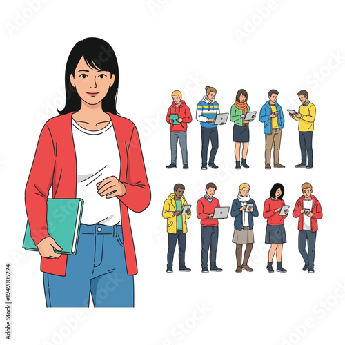Empowered students with Technology: diverse illustration of students engaged in modern technology use, accompanied by a female figure symbolizing leadership and innovation.