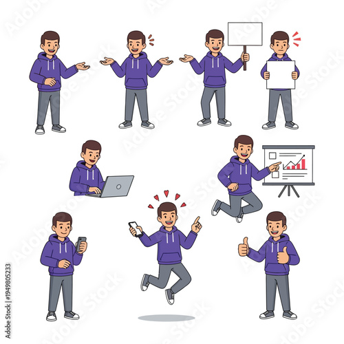 Versatile young man in various poses and actions: This illustration showcases a youthful figure engaged in a range of activities. Whether he's presenting, pointing, working on a laptop.
