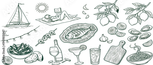 Italian Amalfi summer vacation doodle style illustrations. Vector ink hand drawn Italy coast sea, lemons, wine and food elements. Sea weekend rest drawing for poster, event placard, menu and prints.