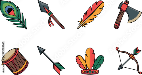 Native American tribal vector icon set, ethnic culture elements including bow, arrow, spear, drum, and headdress