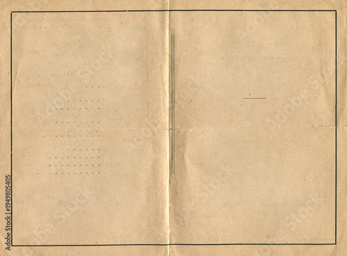 Photography Empty vintage magazine spread with simple border on aged paper, concept for retr