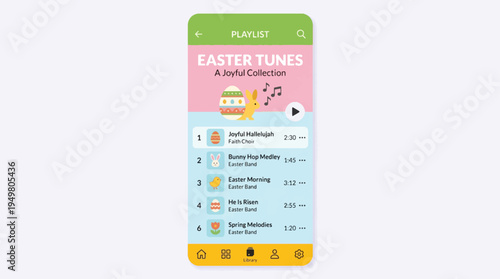 Easter Tunes Playlist Mobile App Interface Vector Illustration for Spring Holiday Music Streaming and Joyful Celebration