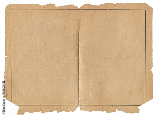 Photography Empty vintage magazine spread with simple border on aged paper, concept for retr