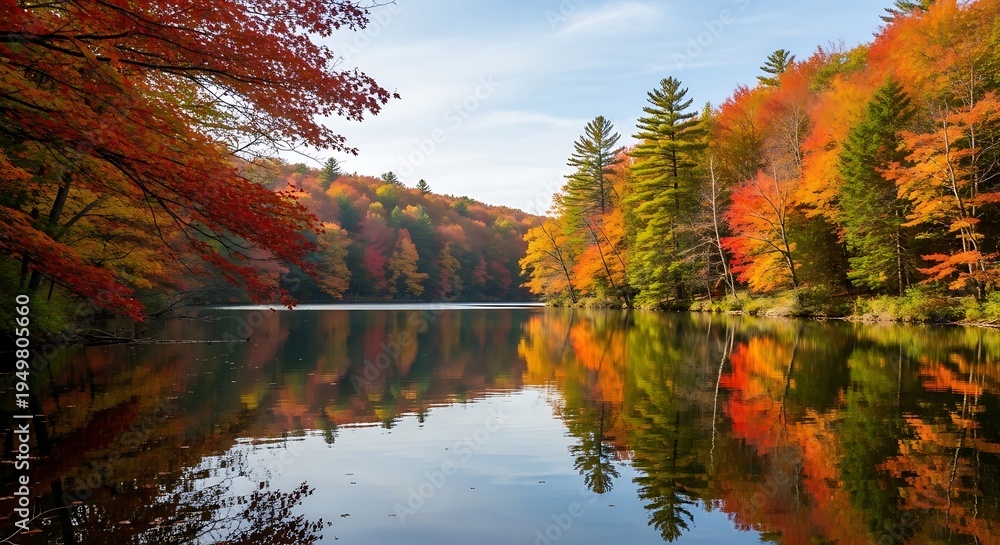 Obraz premium Serene lake surrounded by vibrant autumn trees reflecting on water