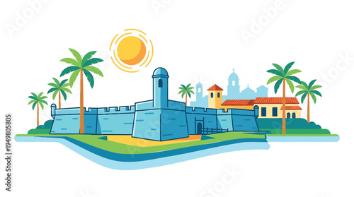 A sunny illustration of a tropical island with a fort and palm trees.