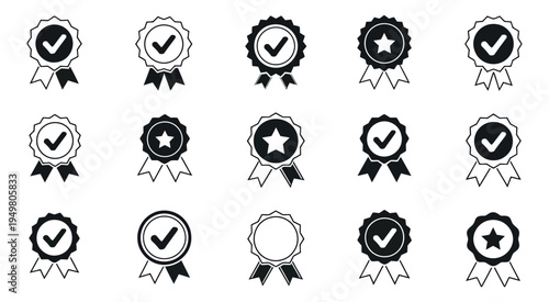 Approval verification icon design with check marks certified badges award medals and quality guarantee ribbon symbols isolated in professional vector illustration for validation concept trust assuranc