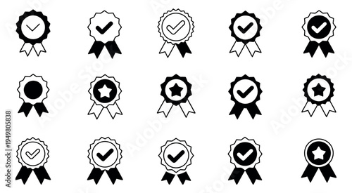 Approval verification icons with check marks certified badges award medals and quality guarantee ribbons isolated in professional vector illustration for validation concept security confirmation and b