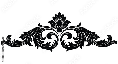 An ornate symmetrical floral design featuring swirling elements and a distinct black silhouette high quality professional
