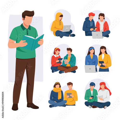 Knowledge and Technology: A collection of figures deeply engrossed in their individual pursuits of reading, using laptops, and tablets.