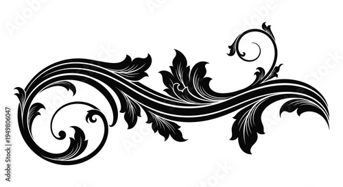 An elegant swirling floral design in black reminiscent of baroque ornamentation silhouette high quality professional detailed