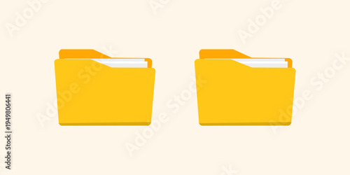 Open folder and close folder. Yellow folders with documents. Folders icons isolated on white background. Vector set