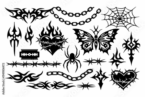 Y2K Gothic Tattoo Set with Neo-Tribal Elements, Goth Butterfly, Flaming Heart, Barbed Wire, Razor Blade, Spider Web, and Chains. Cyber Sigilism Vector Illustrations for Grunge Punk Graphic Design.