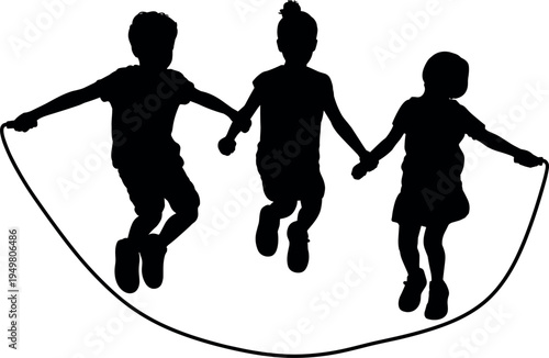Children riding Children jumping rope silhouette set, group of kids skipping, active outdoor sports and childhood play design