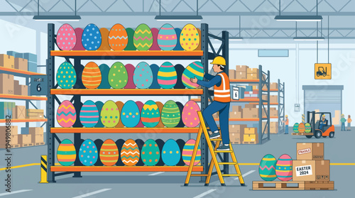 Warehouse worker on a ladder stocking shelves with colorful decorated Easter eggs, preparing for holiday season distribution and logistics vector illustration