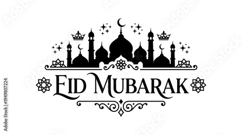Elegant Eid Mubarak design featuring mosque silhouette, crescent moons, stars, and floral ornaments in festive black-and-white celebratory style.