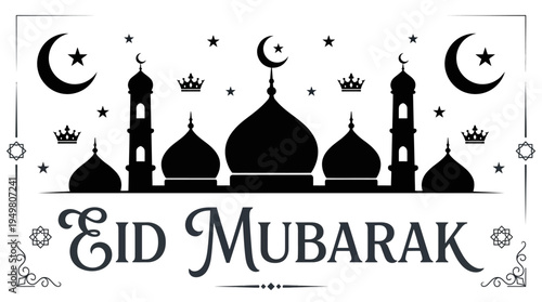 Elegant Eid Mubarak design featuring mosque silhouette, crescent moons, stars, and floral ornaments in festive black-and-white celebratory style.