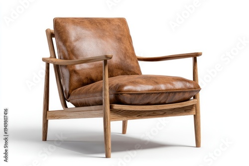 Brown Leather Armchair with Wood Frame.