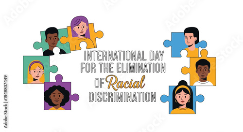 Illustration of diverse people in puzzle pieces on International Day for the Elimination of Racial Discrimination with vector design elements for stop racism campaigns against a clean