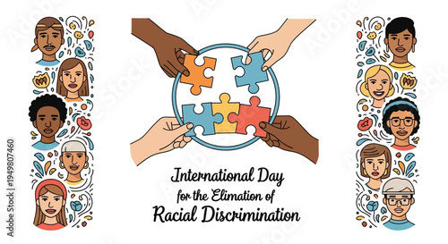 Illustration of diverse hands placing puzzle pieces for International Day for the Elimination of Racial Discrimination with vector design elements and a stop racism campaign theme on a