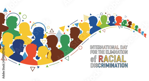 Illustration for International Day for the Elimination of Racial Discrimination with diverse human silhouettes in various colors and shapes on a white background, promoting unity and