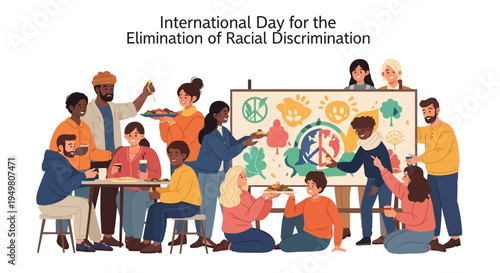 Illustration of diverse people gathered around a table and standing near a large board with symbolic graphics for International Day for the Elimination of Racial Discrimination in a vibrant