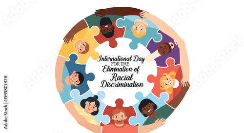 Illustration of diverse people joining hands in a circle for International Day for the Elimination of Racial Discrimination campaign with colorful puzzle pieces.