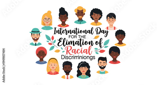 Illustration of diverse people surrounding the text 'International Day for the Elimination of Racial Discriminations' with colorful leaves on a white background.